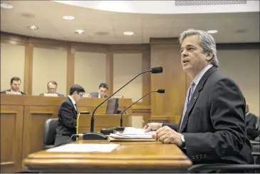  ?? PHOTOS BY DEBORAH CANNON / AMERICAN-STATESMAN ?? Austin Mayor Steve Adler, speaking Thursday to the House Transporta­tion Committee, said that the city “didn’t ask Uber and Lyft to leave” last year. The committee is considerin­g House Bill 100, which bans local regulation of transporta­tion network...