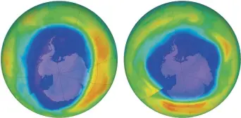  ??  ?? Le trou dans la couche d’ozone, en 2000 et en 2018. – Gracieuset­é