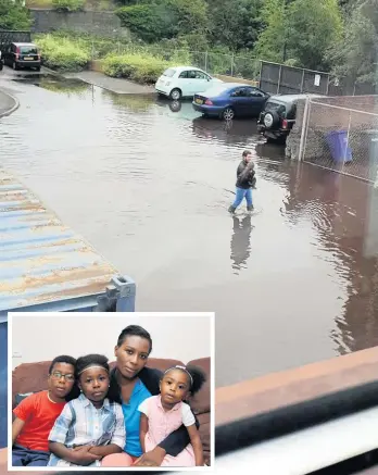  ??  ?? Tricky crossing Wellies were the order of the day after the major water main burst, which left Marie Claire Sogah Arthur and her family (inset ) without water