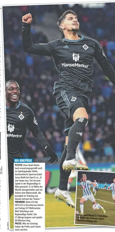  ?? ?? Miro Muheim durfte in Berlin als Erster jubeln.
Immanuel Pherai (r.) bereitete in Berlin die meisten (fünf) HSV-Torschüsse vor.