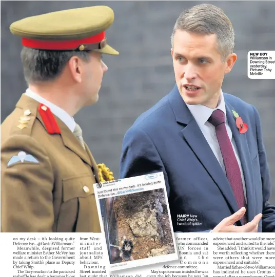  ??  ?? HAIRY New Chief Whip’s tweet of spider NEW BOY Williamson in Downing Street yesterday. Picture: Toby Melville