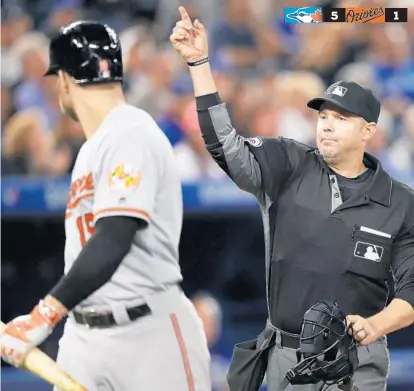  ?? TOM SZCZERBOWS­KI/GETTY IMAGES ?? Plate umpire Will Little throws the Orioles’ Chris Davis out of the game for arguing a called third strike in the seventh inning.