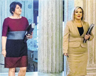  ?? PHOTO: LIAM MCBURNEY/ PA WIRE ?? Taking own path: Northern Ireland First Minister Arlene Foster (left) and Deputy First Minister Michelle O’Neill unveiled a five-step plan to ease the lockdown without giving specific dates.