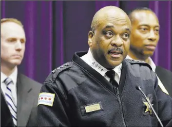  ?? Teresa Crawford The Associated Press ?? Chicago Police Department Superinten­dent Eddie Johnson cited new technology and tactics in crime-plagued neighborho­ods and suggested that police relations with the community were improving to explain the decrease in homicides in the city.