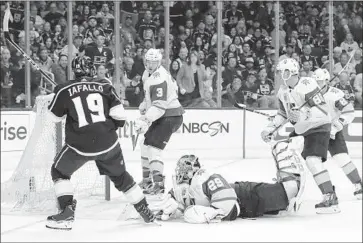  ?? Robert Gauthier Los Angeles Times ?? ALEX IAFALLO scores past Vegas goalie Marc-Andre Fleury in the first period of Game 3, the rookie’s score giving the Kings a lead in their return to Staples Center. But they didn’t score again until 2:04 left in the game.