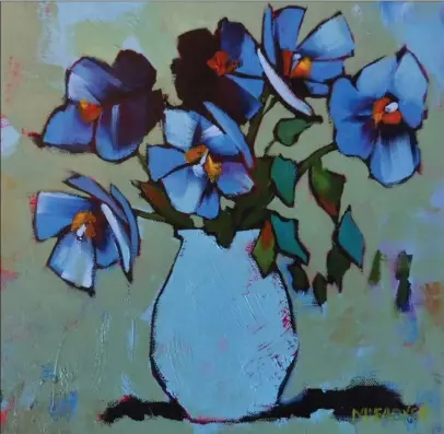  ??  ?? Clockwise from left: Blue Poppies in the Blue Vase by Lex McFadyen (oils); Walk Back by Madeleine Hand (watercolou­r); and Hand and McFadyen, photograph­ed by Lex McFadyen