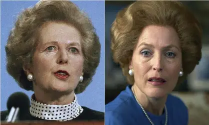  ?? Photograph: AP ?? Margaret Thatcher, left, and Gillian Anderson portraying her in a scene from the fourth season of The Crown.