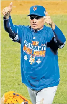  ?? Getty Images ?? THE GOOD TIMES: Terry Collins celebrates winning the 2015 pennant over the Cubs at Wrigley Field.