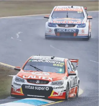  ?? Picture: AAP IMAGES ?? Craig Lownes (front) and Steven Richards in action during practice for the Sandown 500 yesterday in wet conditions,