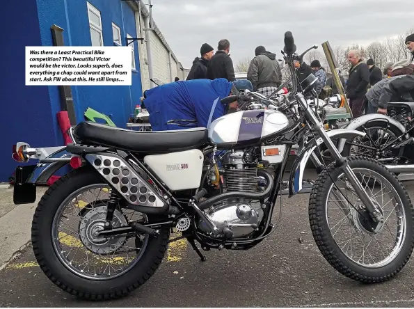  ??  ?? Was there a Least Practical Bike competitio­n? This beautiful Victor would be the victor. Looks superb, does everything a chap could want apart from start. Ask FW about this. He still limps…