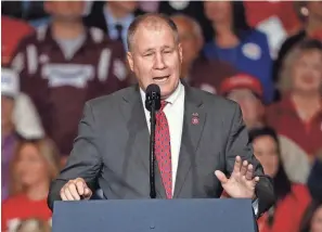  ?? ROGELIO V. SOLIS,/P ?? U.S. Rep. Trent Kelly, R-miss., speaks to the audience at the start of a Keep America Great Rally in Tupelo, on Nov. 1, 2019.