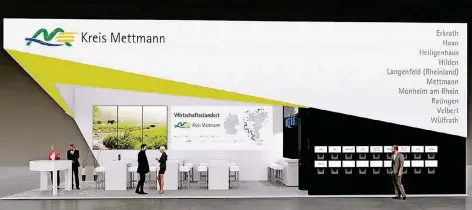  ?? ANIMATION: KREIS METTMANN ?? Auf dem Messestand ist klar zu erkennen, welche Städte ins Rennen gehen um Firmen für Standorte zu begeistern. Große Flächen nahe der Autobahn haben allerdings nicht alle Städte im Programm. Und die Gewerbeste­uer ist auch nicht in allen Städten gleich.