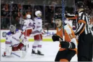  ?? MATT SLOCUM — THE ASSOCIATED PRESS ?? The Flyers’ Travis Konecny (11) reacts after scoring a goal in the second period Thursday against the Rangers in Philadelph­ia.