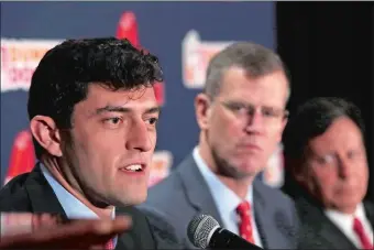  ?? ELISE AMENDOLA/AP PHOTO ?? In this Oct. 28, 2019 , file photo, Boston Red Sox Chief Baseball Officer Chaim Bloom, left, speaks at a news conference as team president and CEO Sam Kennedy, middle, and team chairman Tom Werner listen at Fenway Park in Boston.