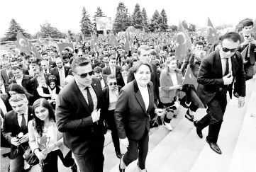  ??  ?? Meral Aksener, leader of the opposition Iyi (Good) Party and a candidate in the June 24 presidenti­al snap election, arrives at Anitkabir, the mausoleum of modern Turkey’s founder Mustafa Kemal Ataturk, to attend a Youth and Sports Day celebratio­n in...