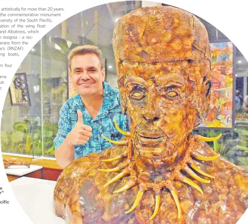  ?? Picture: JONACANI LALAKOBAU ?? Shane Bower with his huge artwork “The Ratu Warrior” during the Born from Fire exhibition at the Grand Pacific Hotel in Suva on Tuesday, October 08, 2019.