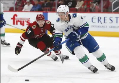  ?? The Associated Press ?? Vancouver Canucks defenceman Troy Stecher skates away from Arizona Coyotes forward Josh Archibald during second-period NHL action in Glendale, Ariz., on Thursday night. The Canucks lost 4-1.