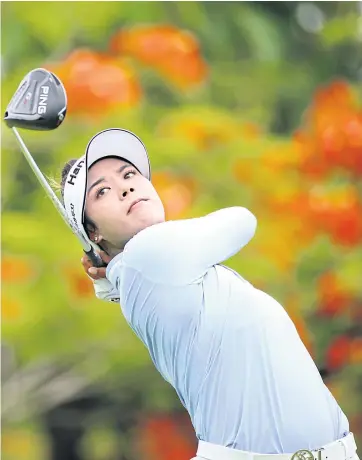  ??  ?? PACESETTER: Patty Tavatanaki­t tees off during the third round of the Honda LPGA Thailand at Siam Country Club yesterday.