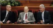  ?? RICK BOWMER - THE ASSOCIATED PRESS ?? The Church of Jesus Christ of Latter-day Saints President Thomas S. Monson, center, First Counselor Henry B. Eyring, left, and Second Counselor Dieter F. Uchtdorf, right, look on during the morning session of the two-day Mormon church conference...