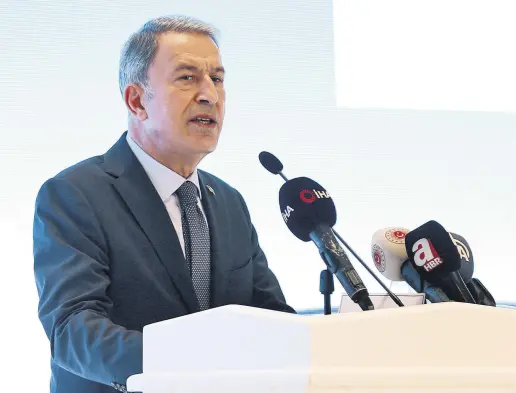  ??  ?? Defense Minister Hulusi Akar speaks at the opening of a plane maintenanc­e facility, Kayseri, Turkey, July 8, 2021.