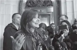  ?? AP PHOTO/J. SCOTT APPLEWHITE ?? General Motors CEO Mary Barra speaks to reporters in Washington Wednesday after a meeting with Sen. Sherrod Brown, D-Ohio, and Sen. Rob Portman, R-Ohio, about GM’s decision to stop making the Chevy Cruze at its Lordstown, Ohio, plant.