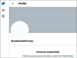  ?? The Associated Press ?? A Friday image shows the suspended Twitter account of President Donald Trump. On Friday, the company permanentl­y suspended Trump from its platform.