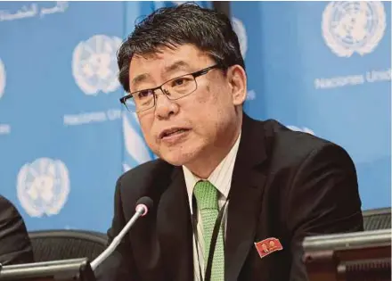  ?? AFP PIC ?? North Korean deputy ambassador to the United Nations, Kim In-ryong, at a press conference at the UN headquarte­rs in New York on Monday.