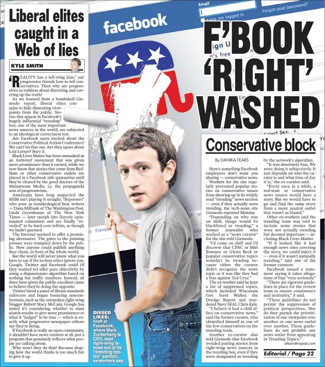  ??  ?? DISSED LIKES: Staff at Facebook, where Mark Zuckerberg is CEO, kept right-wing issues out of its “trending topics” section, ex-workers say.