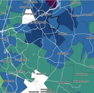  ??  ?? ●Heat map showing Coronaviru­s infection rates across Stockport