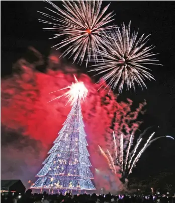  ?? LEO TIMOGAN/CIO TAGUM ?? SKY DISPLAY. Fireworks light up the sky over the nation’s tallest Christmas tree in the New City Hall grounds of Tagum City. The display lasted for about 15 minutes, mesmerizin­g the onlookers from local and nearby cities. Local bands also performed...