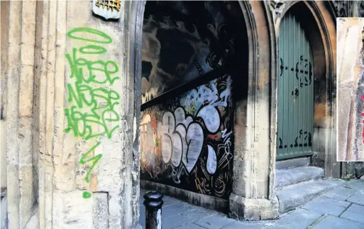  ?? Photos: Jonathan Myers ?? Graffiti on the walls of St John’s Church, in Broad Street