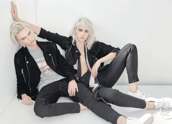  ??  ?? GUESS has created a new gender-neutral collection that features staple pieces like denim, T-shirts, blazers, button-up shirts and a bonded bomber jacket for both sexes.