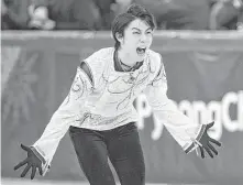  ?? Roberto Schmidt / AFP/Getty Images ?? Japan’s Yuzuru Hanyu is beyond excited Saturday at becoming the first repeat Olympic champion in men’s skating since American Dick Button 66 years ago.