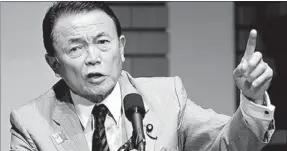  ?? AFP ?? Japanese Deputy Prime Minister Taro Aso has said Tokyo could learn from Nazi Germany when it comes to constituti­onal reform, prompting rebukes from a Jewish human rights group.