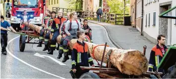  ?? Foto: Stefan Grießinger ?? Die Landsberge­r Feuerwehr hat den Maibaum zum Schmücken ins Gerätehaus gebracht.