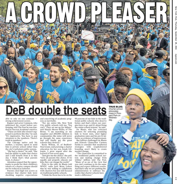  ??  ?? TRUE BLUE: Charter-school advocates mass in Prospect Park on Wednesday.