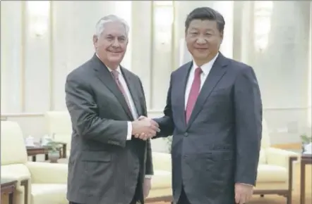  ?? LINTAO ZHANG — THE ASSOCIATED PRESS POOL PHOTO ?? Secretary of State Rex Tillerson, left, shakes hands with China’s President Xi Jinping before their meeting at the Great Hall of the People on Saturday in Beijing. Tillerson told reporters during his visit that the U. S. still has lines of...