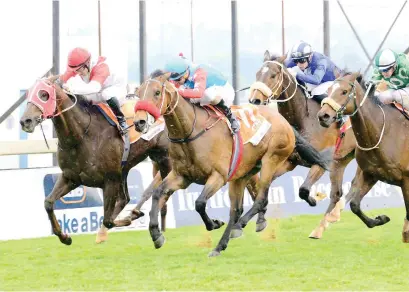  ?? Photograph­ics Picture: JC ?? GRANDSTAND FINISH: Soldier On (left), under Marco van Rensburg, just gets the better of Dan The Lad (Francois Herholdt) and Lake Kinneret (right) to win Leg 1 of the WSB Grand Series at Turffontei­n on Saturday.