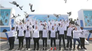  ?? AP ?? People release pigeons in prayer for peace during the Peace road event to celebrate upcoming summit between Moon Jae-in and Kim Jong-un at the Imjingak Pavilion in Paju, south Korea. —