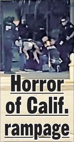  ??  ?? AWFUL: Aminadab Gaxiola Gonzalez (top) is believed to have known his alleged shooting victims at a real-estate business near LA where he was arrested (above) on Wednesday night after a massacre that left four dead.