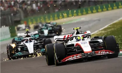  ?? ?? Sparks fly behind Mick Schumacher in the sprint race ahead of the Emilia Romagna Grand Prix. Photograph: Hollandse Hoogte/ Shuttersto­ck