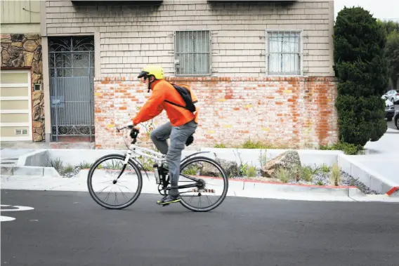  ?? Photos by Amy Osborne / Special to The Chronicle ?? A bicyclist passes one of the new rain gardens at the intersecti­on of Holloway and Capitol avenues. Others are planned for the Mission and Visitacion Valley.