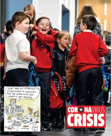  ?? AFP ?? Good to be back: Smiling pupils arrive at their Glasgow primary after Scottish schools reopened yesterday