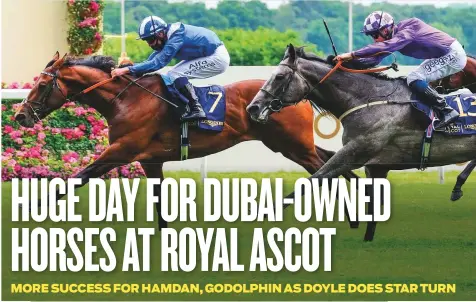  ?? Reuters ?? Hukum, ridden by Jim Crowley, wins the King George V Stakes on the second day of the Royal Ascot meeting yesterday, giving Shaikh Hamdan Bin Rashid Al Maktoum a fourth winner, extending Dubai’s domination in the meeting