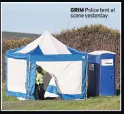  ??  ?? GRIM Police tent at scene yesterday