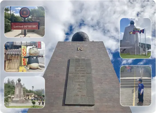  ?? ?? Sul fondo, il monolite del “nuovo” monumento a Mitad del Mundo; nel riquadro in basso a sinitra quello “vecchio” di Calacalí