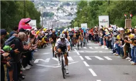  ?? Photograph: Tim de Waele/Getty Images ?? A typical Julian Alaphilipp­e on the final climb of stage one takes him to the yellow jersey.