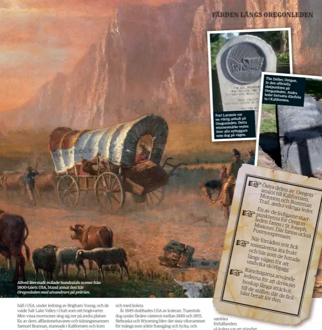  ??  ?? Alfred Bierstadt målade hundratals scener från 1800-talets USA, bland annat den här Oregonlede­n med utvandrare på prärien. Fort Laramie var en viktig anhalt på Oregonlede­n. Detta minnesmärk­e restes över alla nybyggare som dog på vägen. The Dalles,...