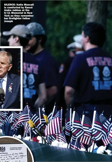  ??  ?? SILENCE: Katie Mascali is comforted by fiancé Andre Jabban at the 9/11 Memorial in New York as they remember her firefighte­r father Joseph