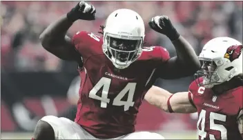  ?? AP PHOTO/DARRYL WEBB ?? Arizona Cardinals linebacker Markus Golden (44) celebrates his sack against the Houston Texans during the first half of an NFL football game, on Sunday in Glendale, Ariz.